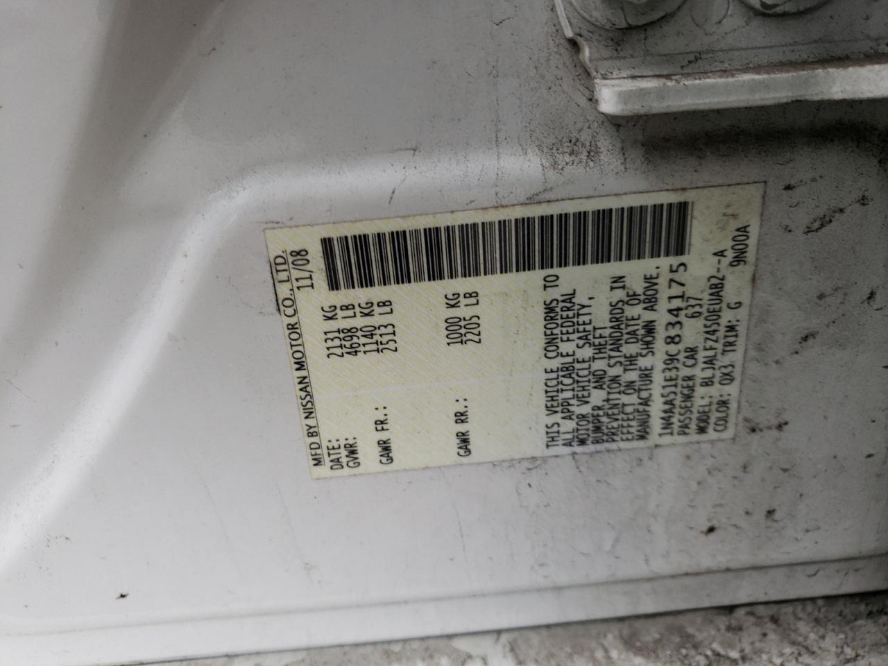 Photo 10 from auction – 2009 NISSAN MAXIMA with VIN 1N4AA51E39C834175