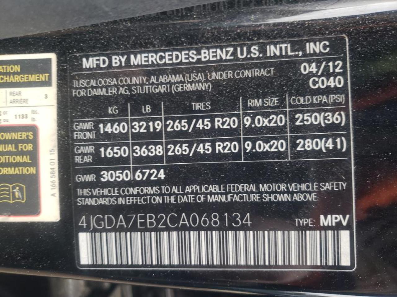 Photo 10 from auction – 2012 MERCEDES-BENZ ML 63 AMG with VIN 4JGDA7EB2CA068134