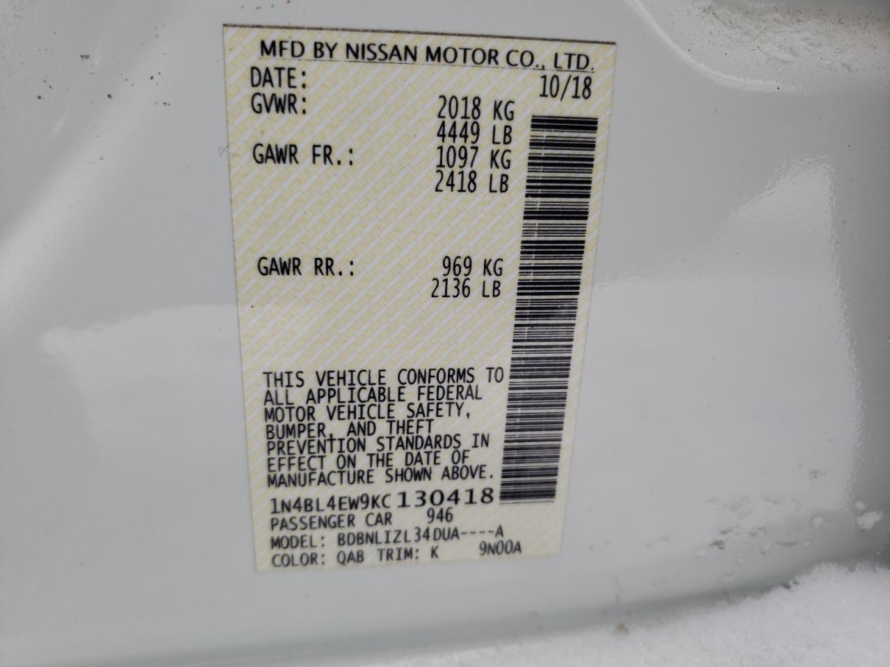 Photo 10 from auction – 2019 NISSAN ALTIMA SL with VIN 1N4BL4EW9KC130418