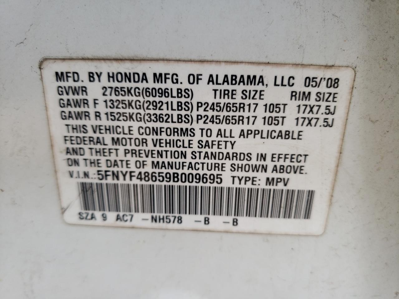 Photo 10 from auction – 2009 HONDA PILOT EXL with VIN 5FNYF48659B009695