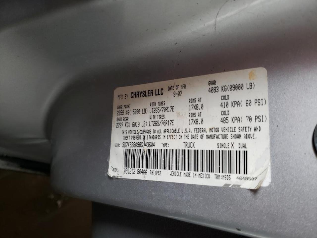 Photo 10 from auction – 2008 DODGE RAM 2500 S with VIN 3D7KS28A98G143604