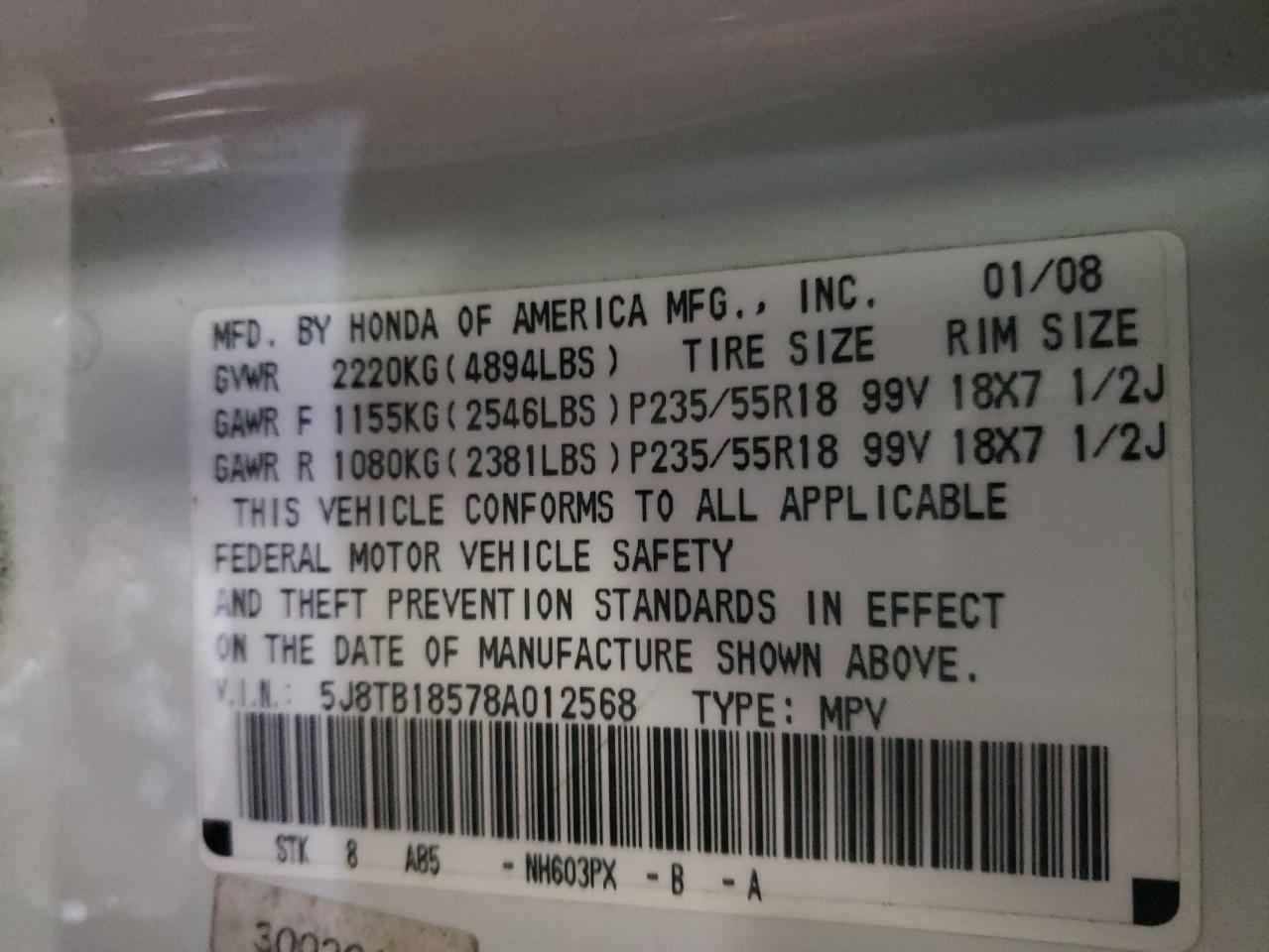 Photo 10 from auction – 2008 ACURA RDX TECHNO with VIN 5J8TB18578A012568