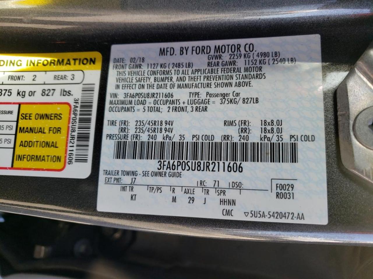 Photo 10 from auction – 2018 FORD FUSION TIT with VIN 3FA6P0SU8JR211606