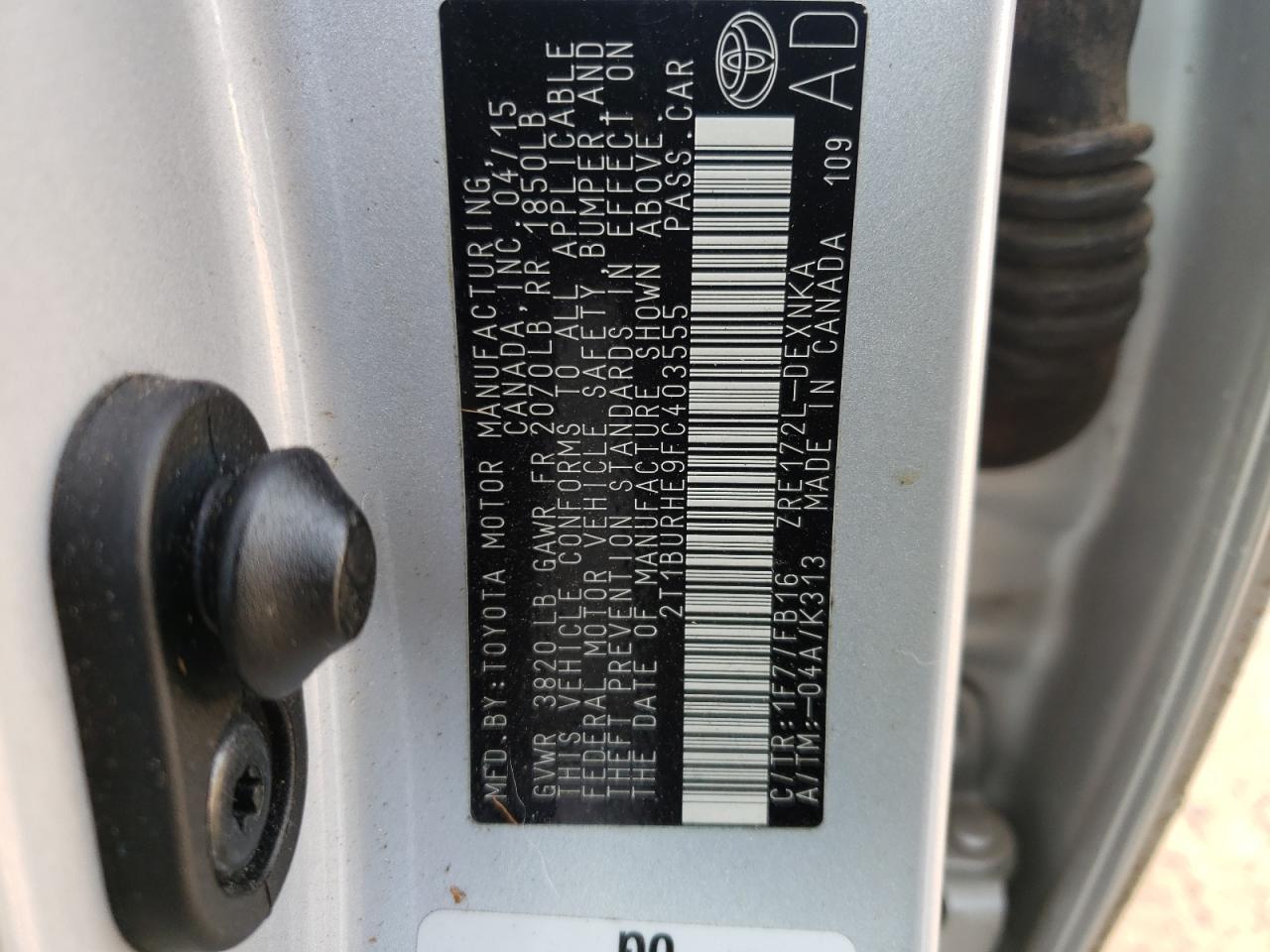 Photo 10 from auction – 2015 TOYOTA COROLLA L with VIN 2T1BURHE9FC403555