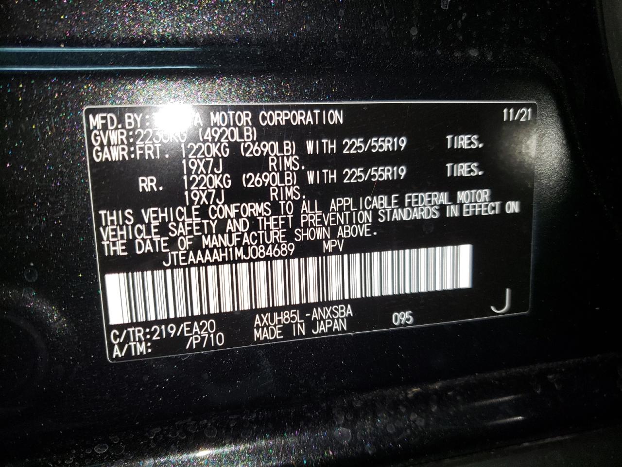 Photo 10 from auction – 2021 TOYOTA VENZA LE with VIN JTEAAAAH1MJ084689