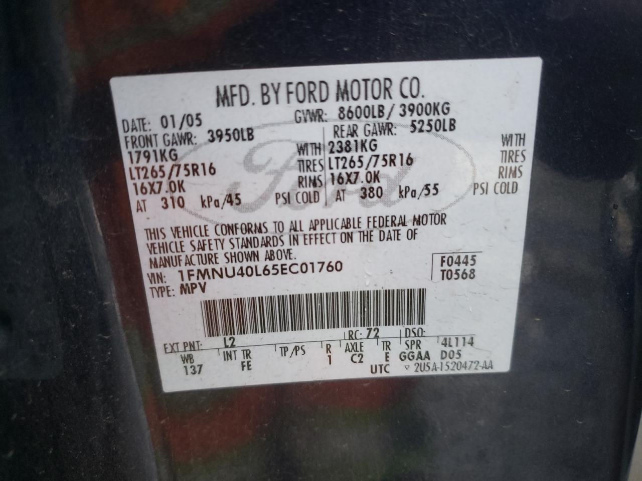 Photo 10 from auction – 2005 FORD EXCURSION with VIN 1FMNU40L65EC01760