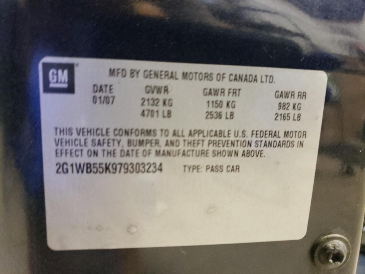 Photo 10 from auction – 2007 CHEVROLET IMPALA LS with VIN 2G1WB55K979303234