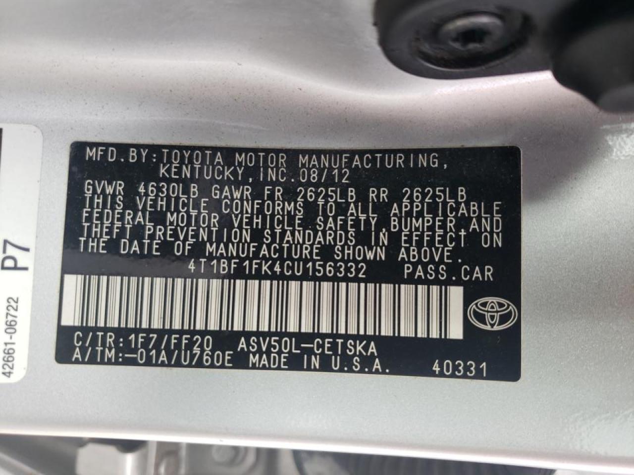 Photo 10 from auction – 2012 TOYOTA CAMRY BASE with VIN 4T1BF1FK4CU156332