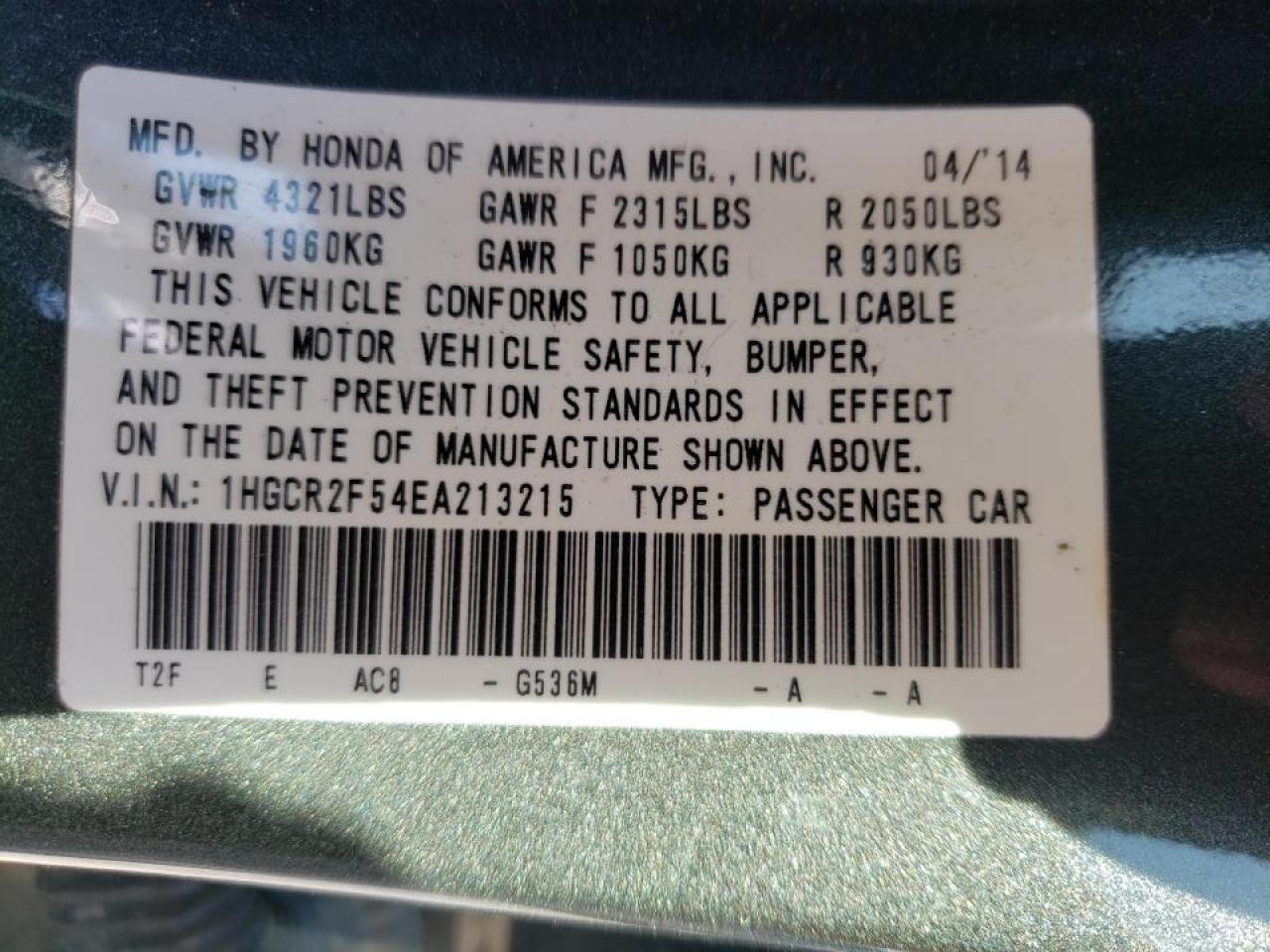 Photo 10 from auction – 2014 HONDA ACCORD SPO with VIN 1HGCR2F54EA213215