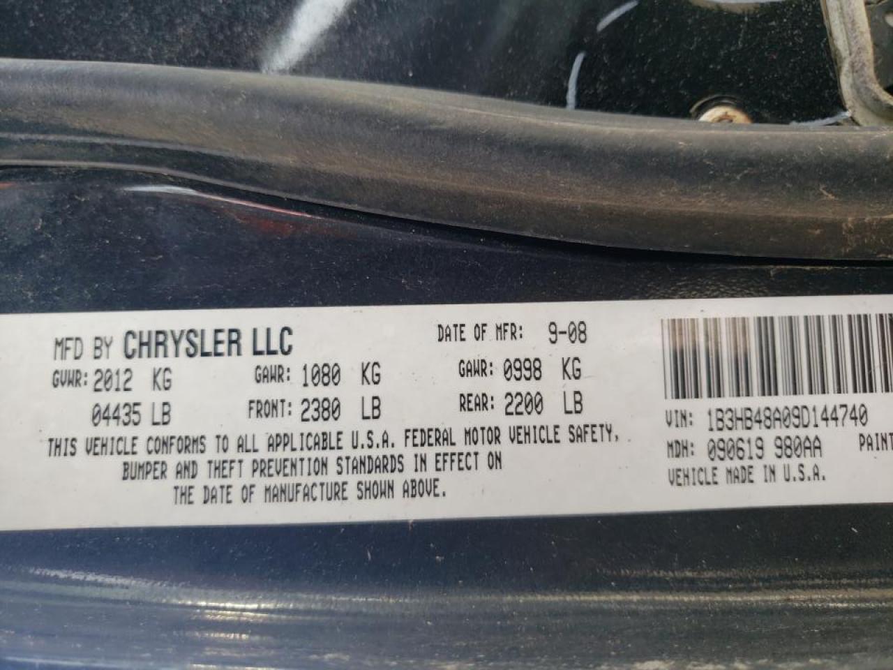 Photo 10 from auction – 2009 DODGE CALIBER SX with VIN 1B3HB48A09D144740