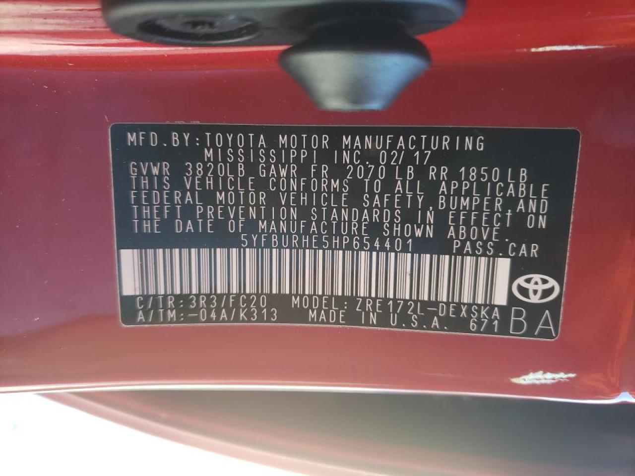 Photo 10 from auction – 2017 TOYOTA COROLLA L with VIN 5YFBURHE5HP654401