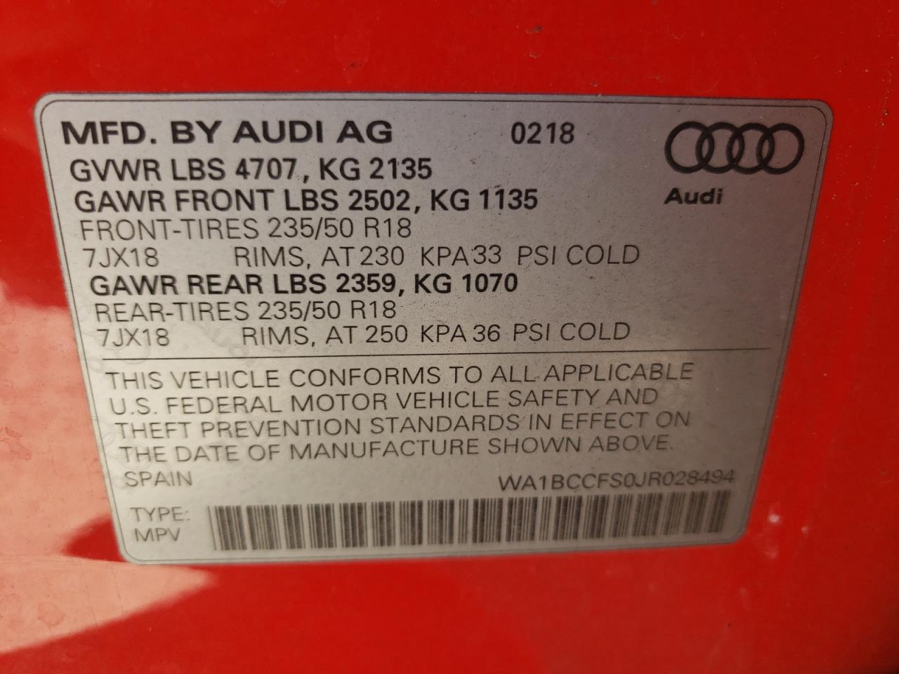 Photo 10 from auction – 2018 AUDI Q3 PREMIUM with VIN WA1BCCFS0JR028494