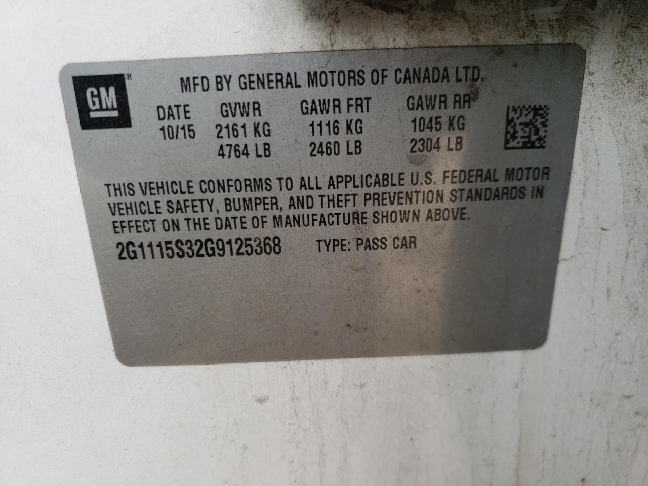 Photo 10 from auction – 2016 CHEVROLET UK with VIN 2G1115S32G9125368