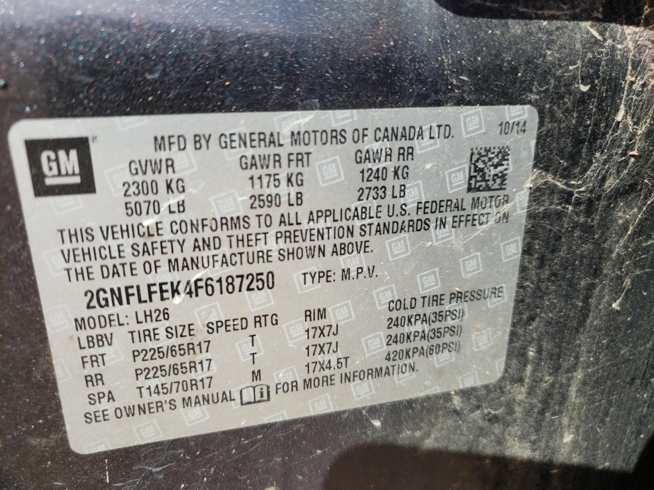 Photo 10 from auction – 2015 CHEVROLET EQUINOX LT with VIN 2GNFLFEK4F6187250