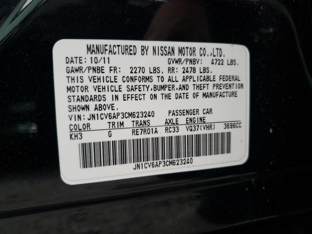 Photo 10 from auction – 2012 INFINITI G37 BASE with VIN JN1CV6AP3CM623240