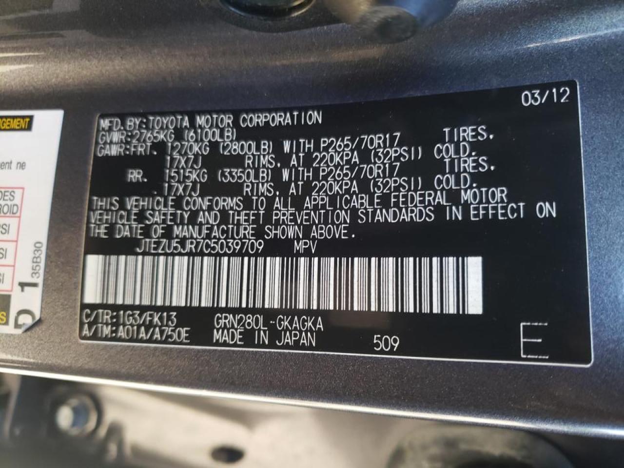 Foto 10 de la subasta – 2012 TOYOTA 4RUNNER SR con VIN JTEZU5JR7C5039709
