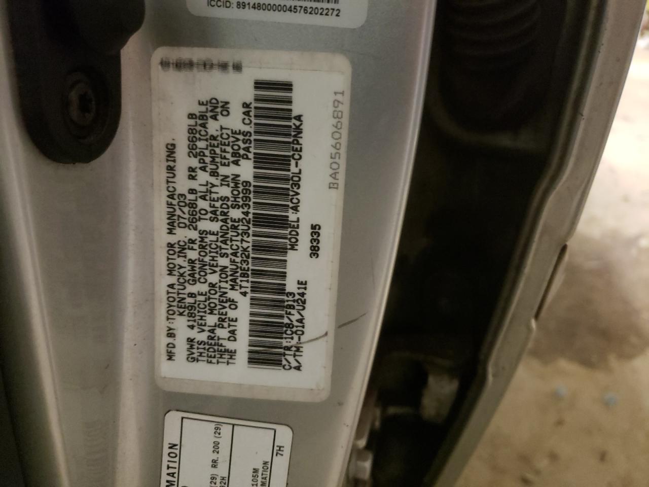 Photo 10 from auction – 2003 TOYOTA CAMRY LE with VIN 4T1BE32K73U243999