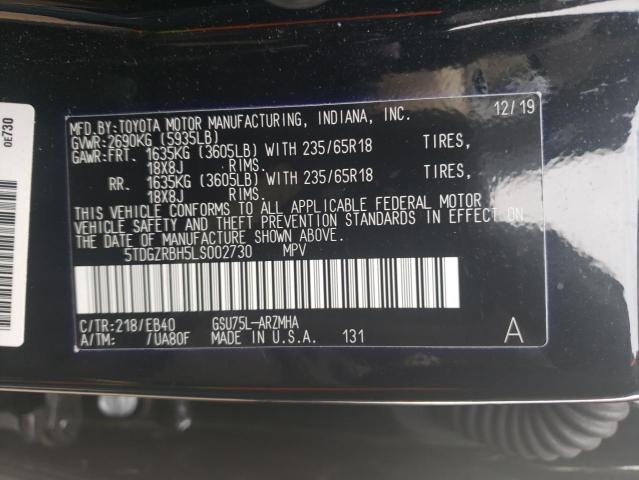 Photo 10 from auction – 2020 TOYOTA HIGHLANDER with VIN 5TDGZRBH5LS002730