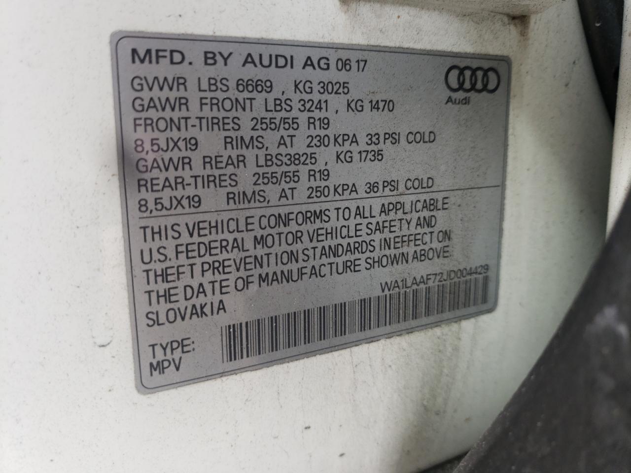 Photo 10 from auction – 2018 AUDI Q7 PREMIUM with VIN WA1LAAF72JD004429