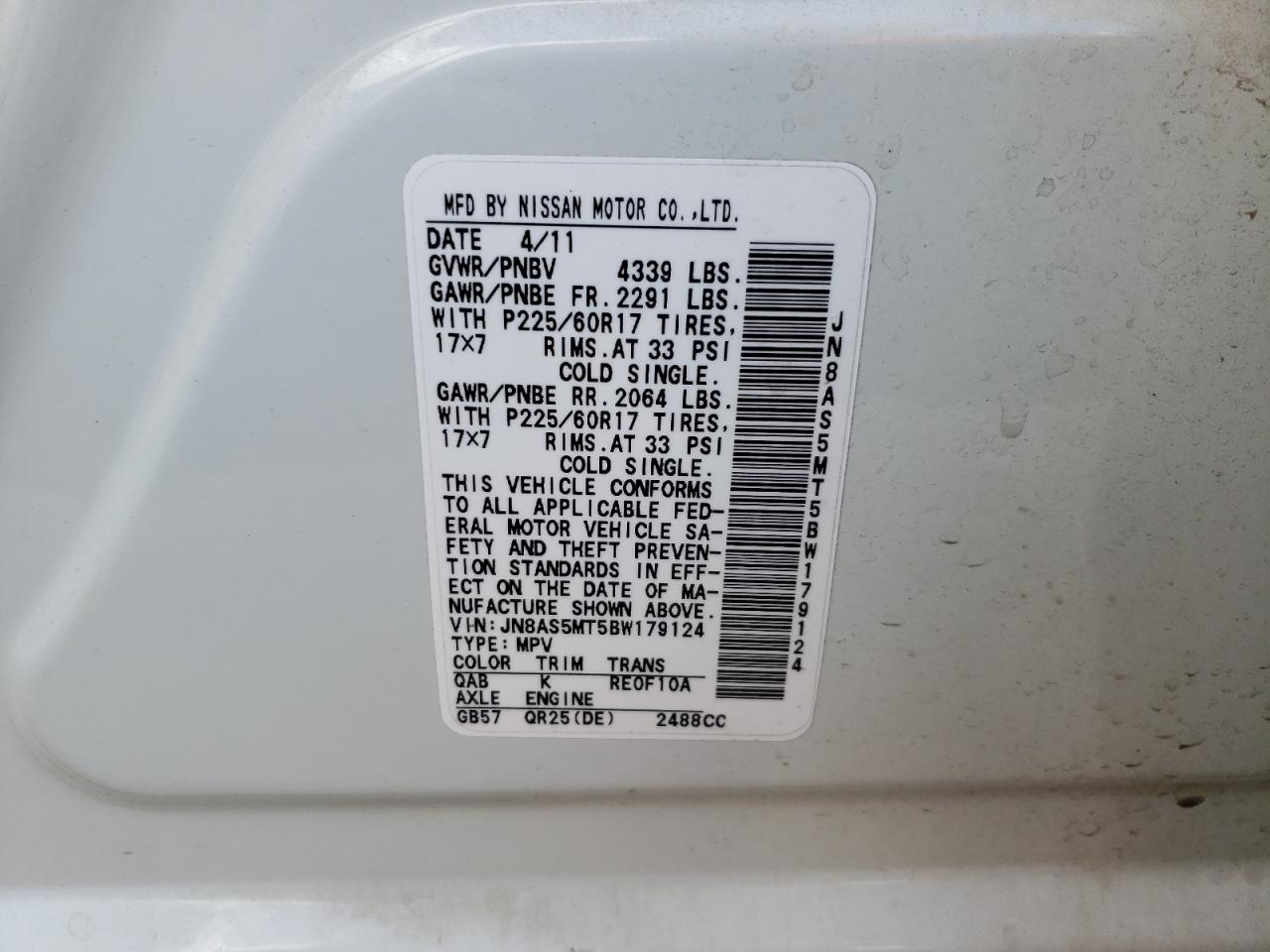 Photo 10 from auction – 2011 NISSAN ROGUE S with VIN JN8AS5MT5BW179124