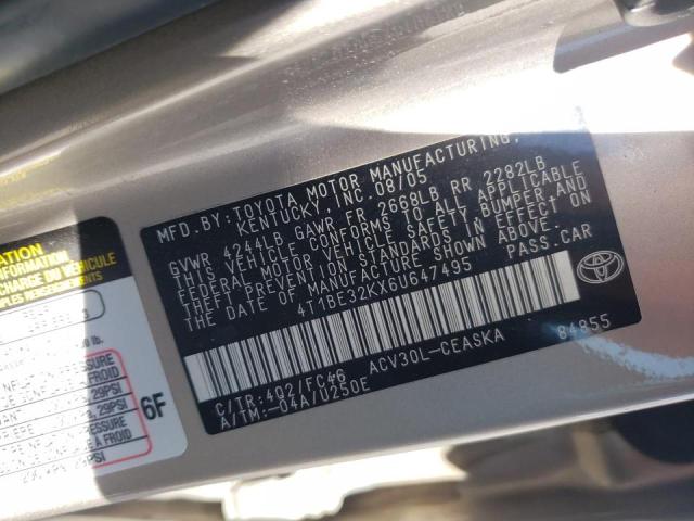 Photo 10 from auction – 2006 TOYOTA CAMRY LE with VIN 4T1BE32KX6U647495