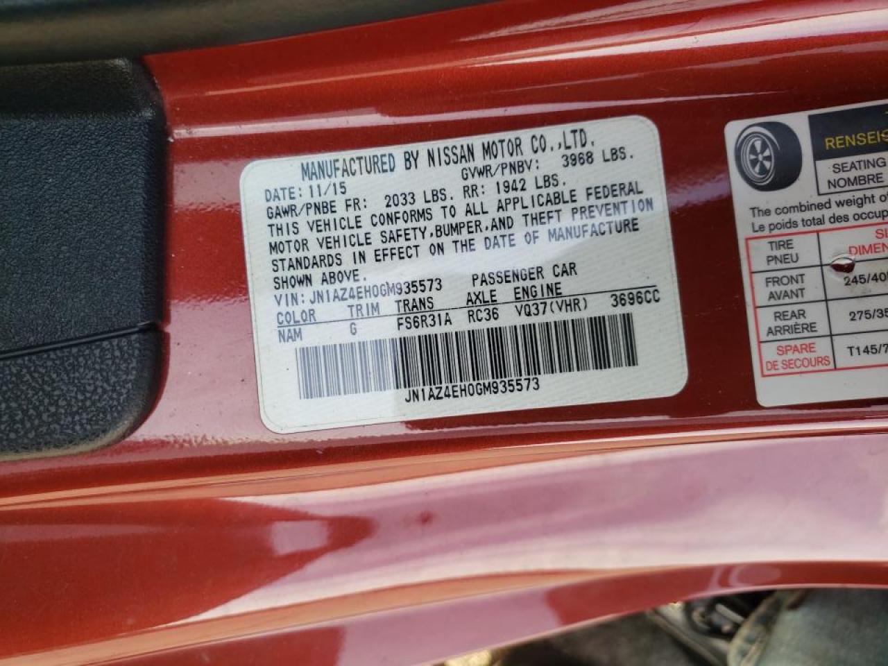 Photo 10 from auction – 2016 NISSAN 370Z BASE with VIN JN1AZ4EH0GM935573