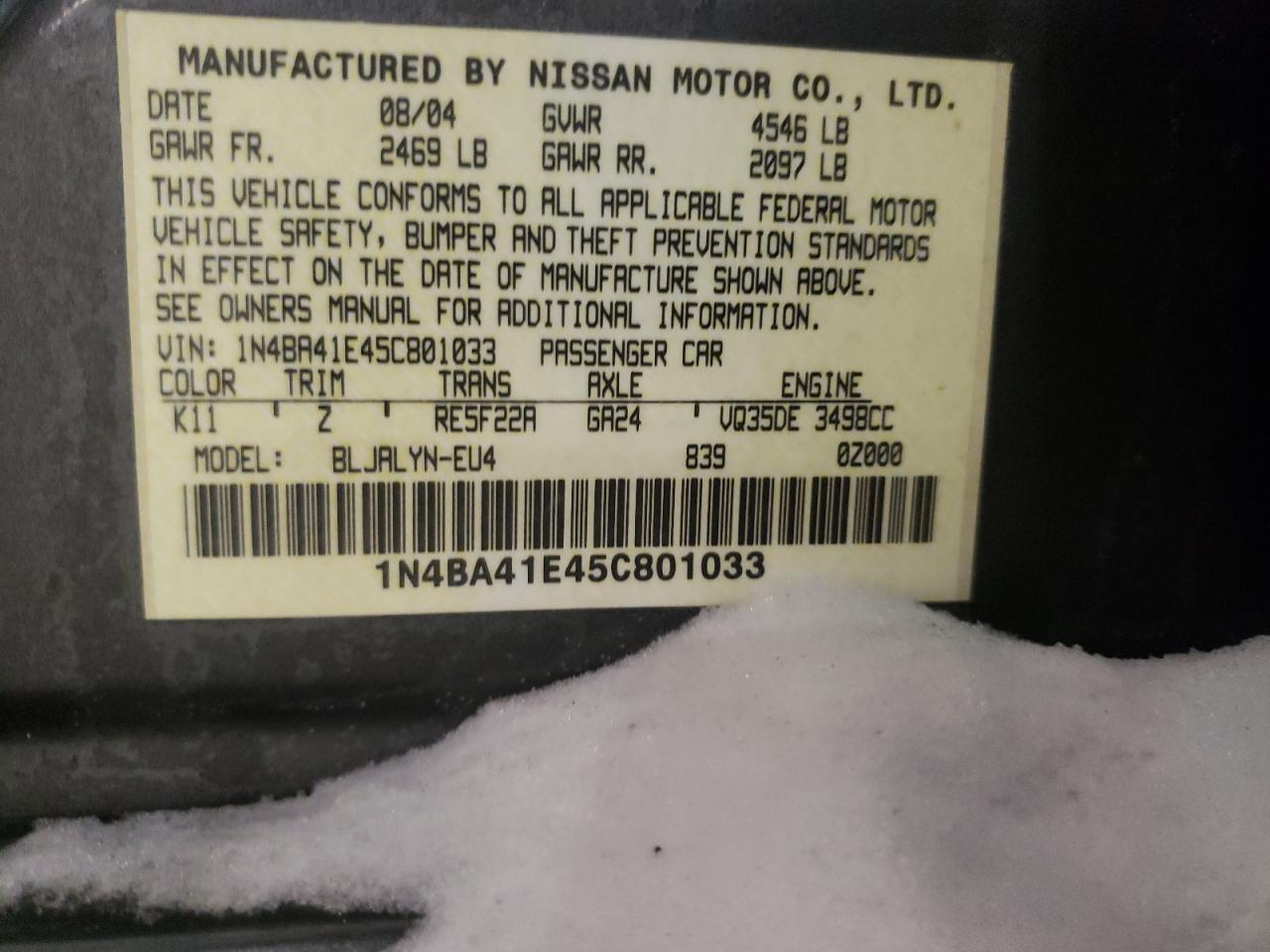 Photo 10 from auction – 2005 NISSAN MAXIMA with VIN 1N4BA41E45C801033