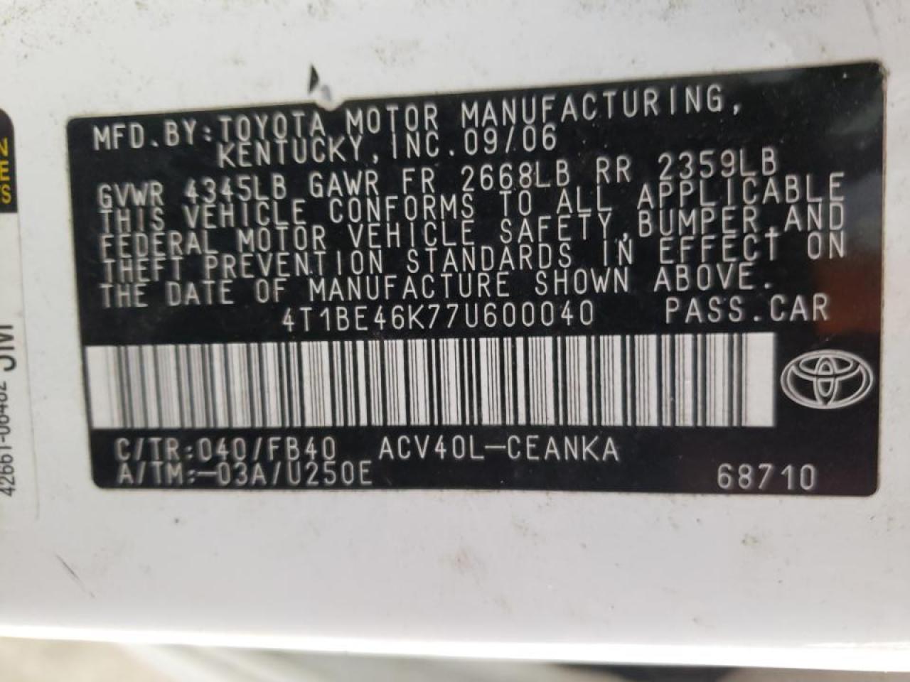 Photo 10 from auction – 2007 TOYOTA CAMRY CE with VIN 4T1BE46K77U600040
