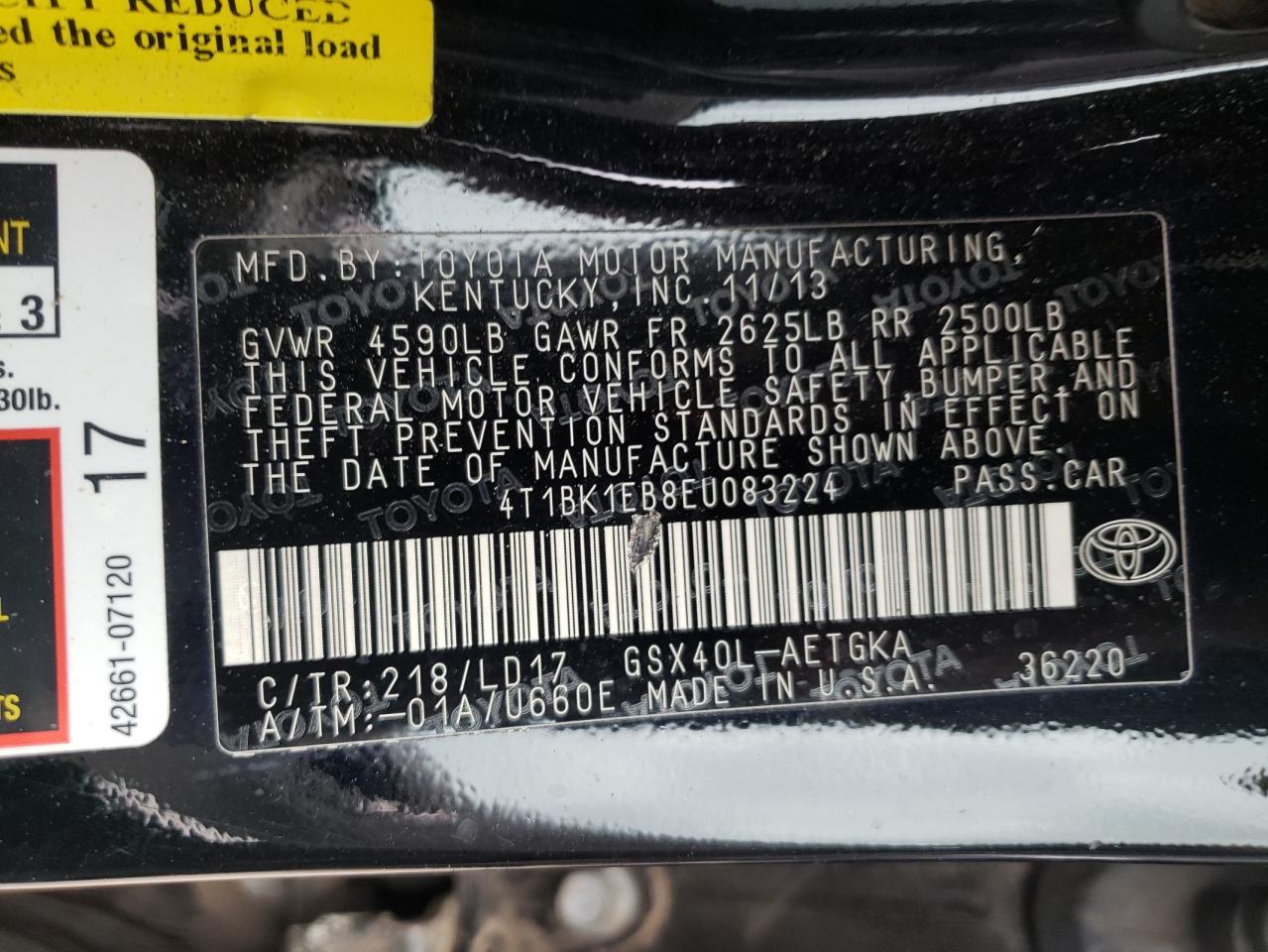 Photo 10 from auction – 2014 TOYOTA AVALON BAS with VIN 4T1BK1EB8EU083224