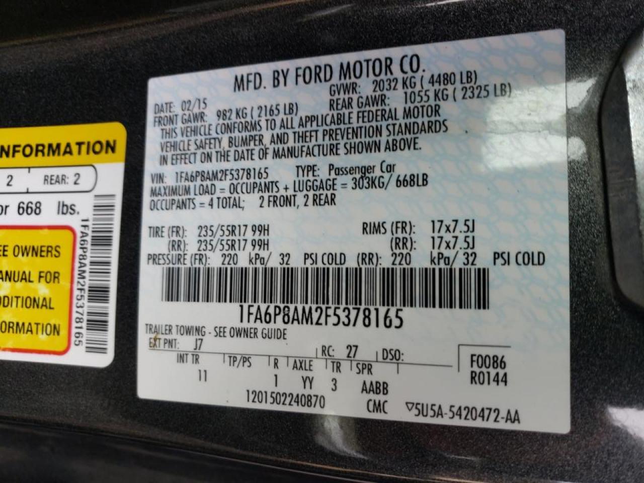 Photo 10 from auction – 2015 FORD MUSTANG with VIN 1FA6P8AM2F5378165