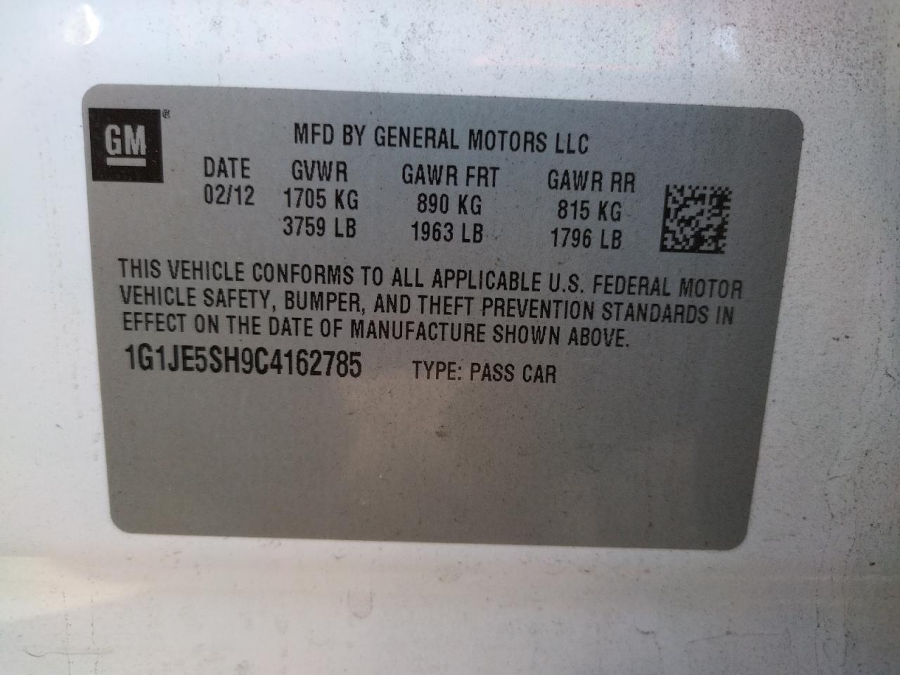 Photo 10 from auction – 2012 CHEVROLET SONIC LTZ with VIN 1G1JE5SH9C4162785