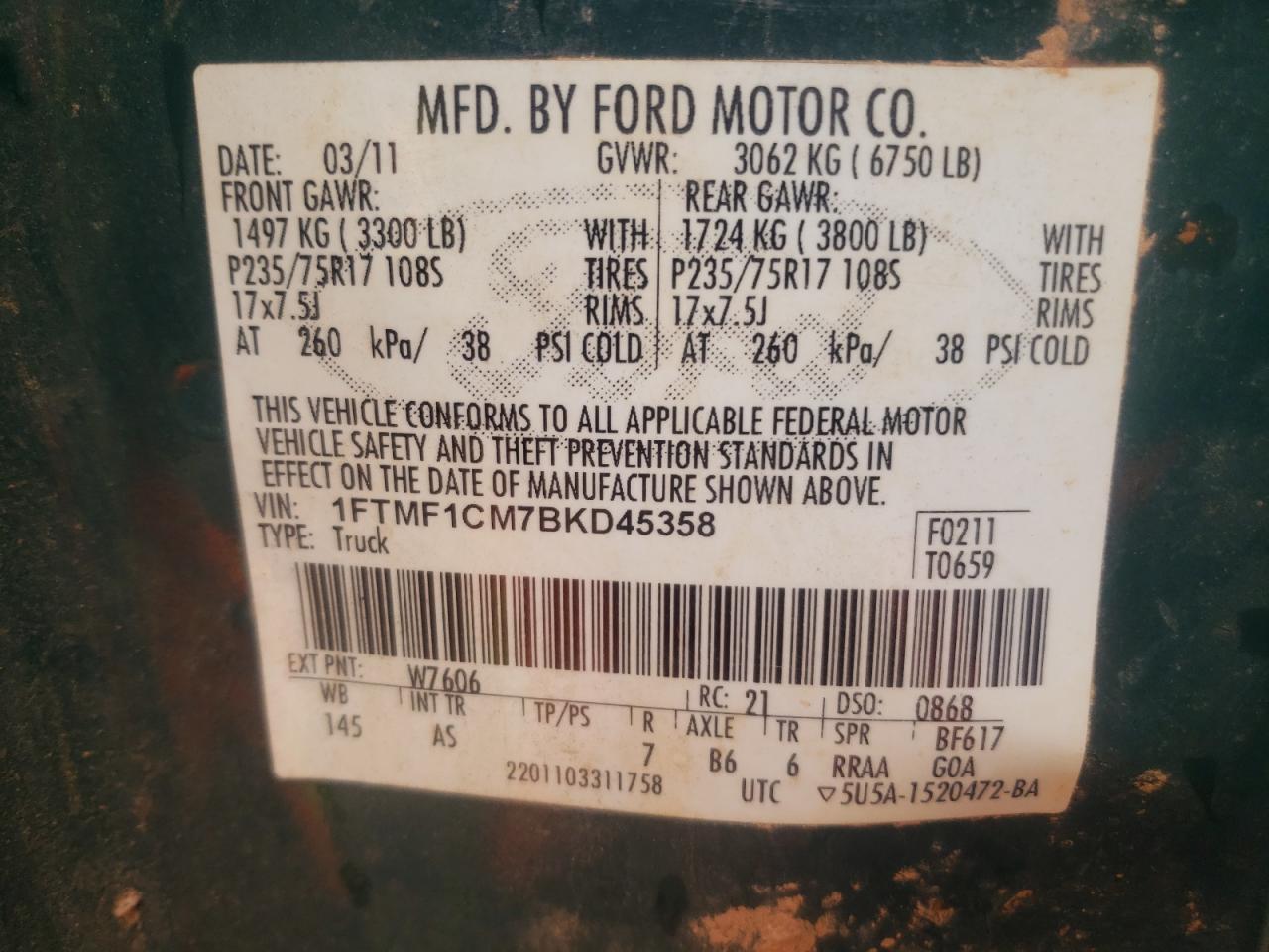 Photo 10 from auction – 2011 FORD F150 with VIN 1FTMF1CM7BKD45358