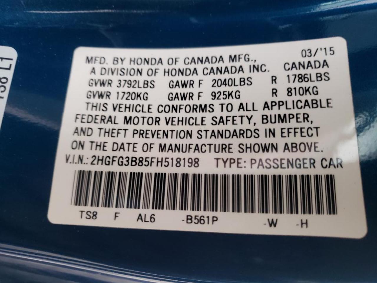Photo 10 from auction – 2015 HONDA CIVIC EX with VIN 2HGFG3B85FH518198