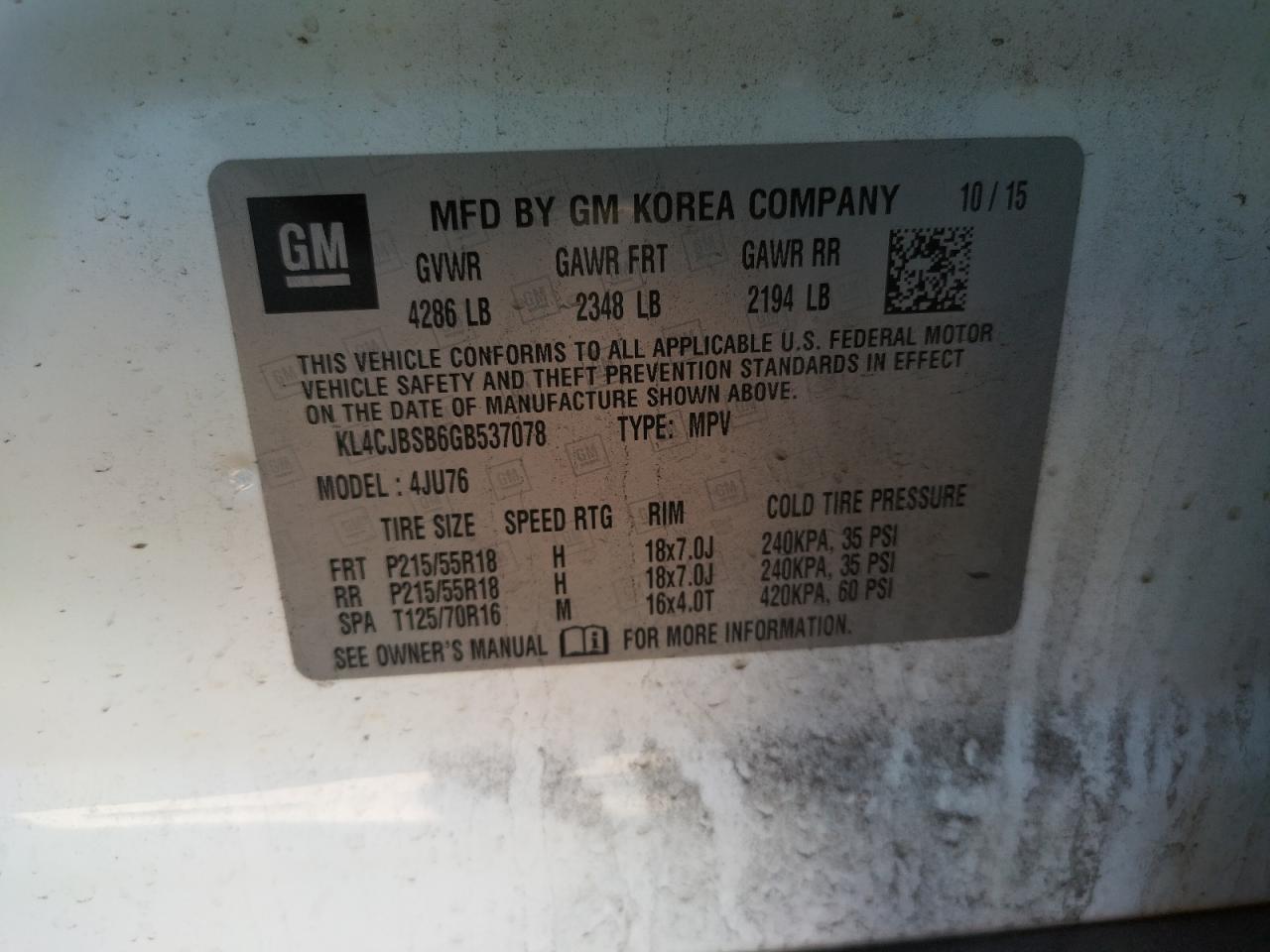 Photo 10 from auction – 2016 BUICK ENCORE CON with VIN KL4CJBSB6GB537078