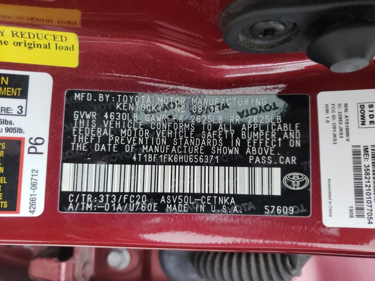Photo 10 from auction – 2017 TOYOTA CAMRY LE with VIN 4T1BF1FK6HU656371