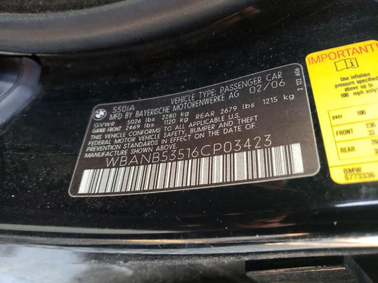 Photo 10 from auction – 2006 BMW 550 I with VIN WBANB53516CP03423