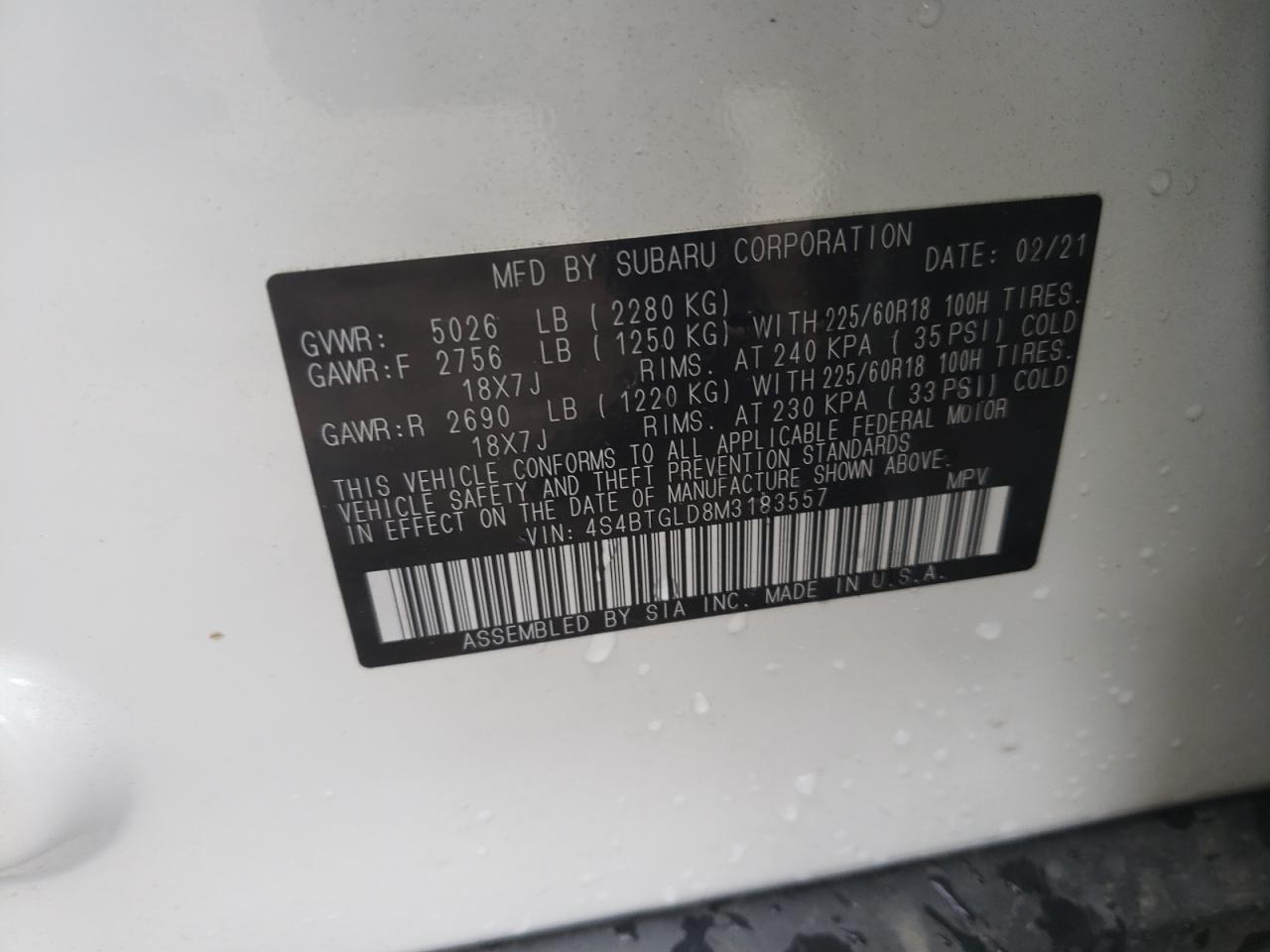 Photo 10 from auction – 2021 SUBARU OUTBACK ON with VIN 4S4BTGLD8M3183557