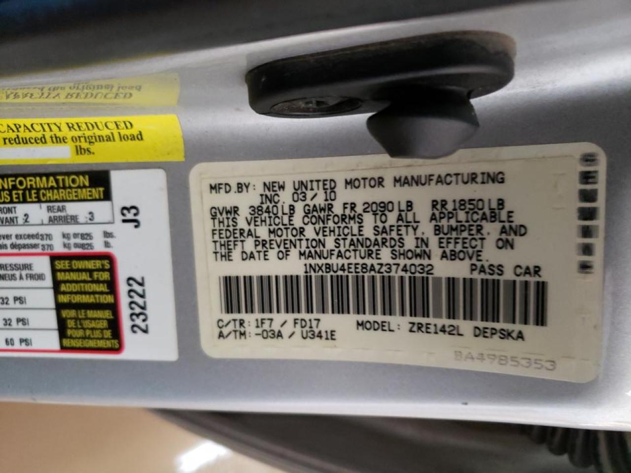 Photo 10 from auction – 2010 TOYOTA COROLLA BA with VIN 1NXBU4EE8AZ374032