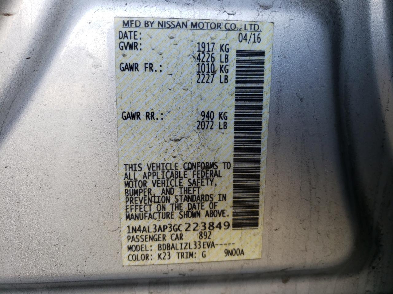 Photo 10 from auction – 2016 NISSAN ALTIMA 2.5 with VIN 1N4AL3AP3GC223849