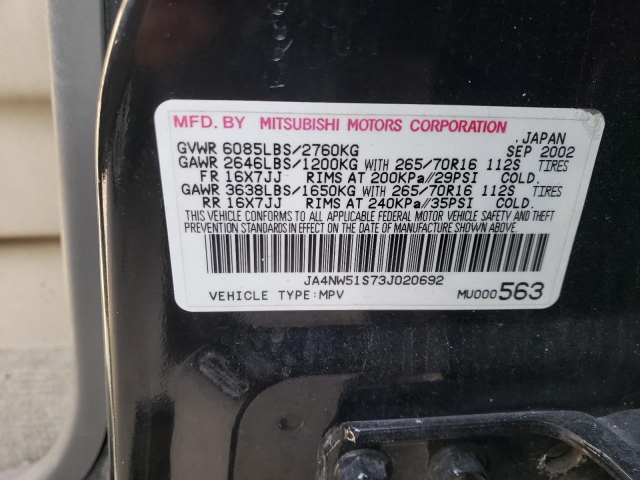 Photo 10 from auction – 2003 MITSUBISHI MONTERO LI with VIN JA4NW51S73J020692