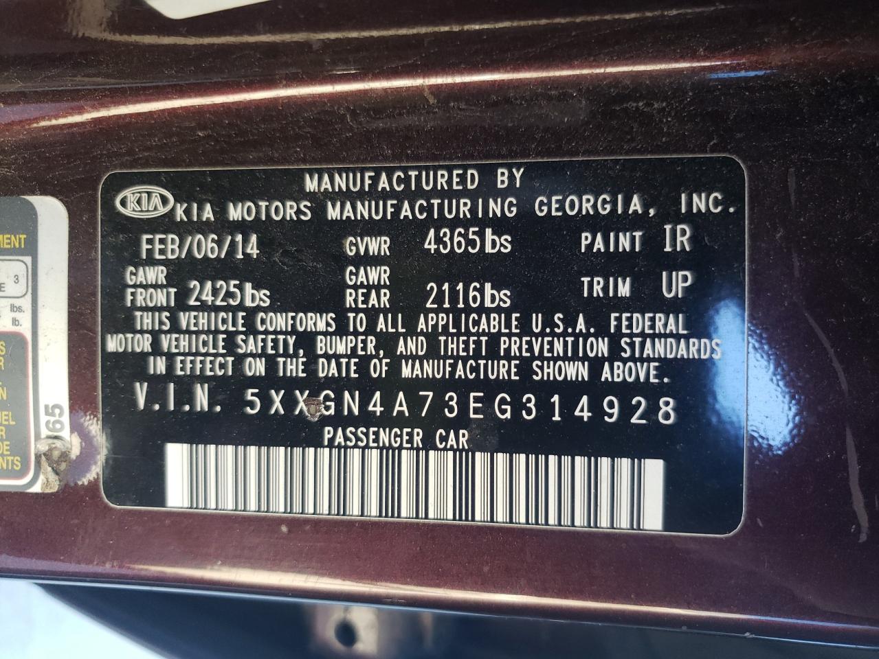 Photo 10 from auction – 2014 KIA OPTIMA EX with VIN 5XXGN4A73EG314928