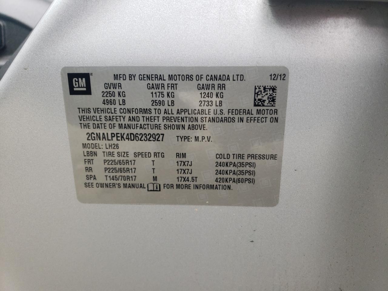 Photo 10 from auction – 2013 CHEVROLET EQUINOX LT with VIN 2GNALPEK4D6232927