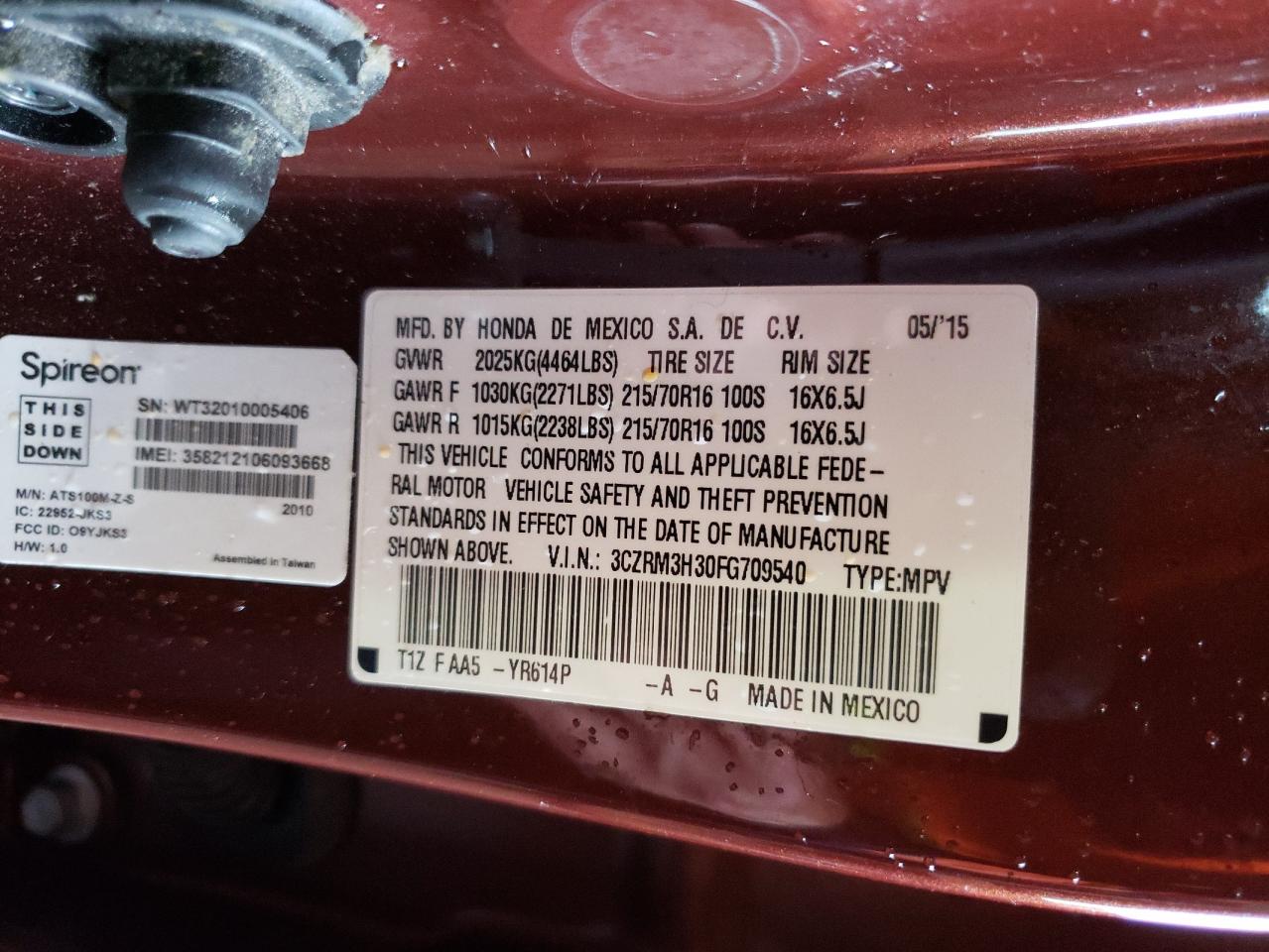 Photo 10 from auction – 2015 HONDA CR-V LX with VIN 3CZRM3H30FG709540