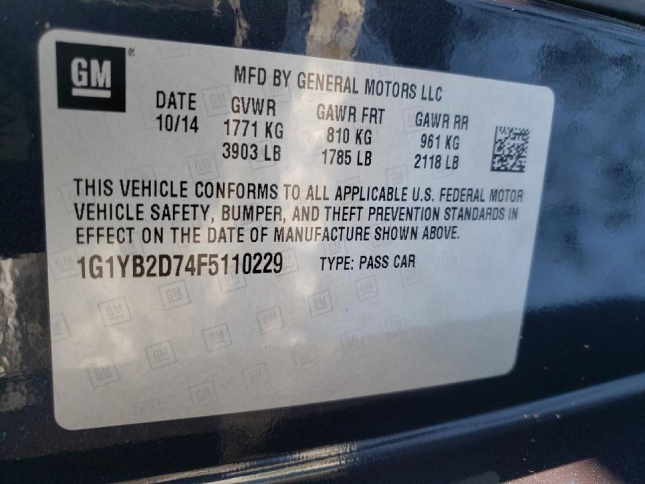 Photo 10 from auction – 2015 CHEVROLET CORVETTE S with VIN 1G1YB2D74F5110229