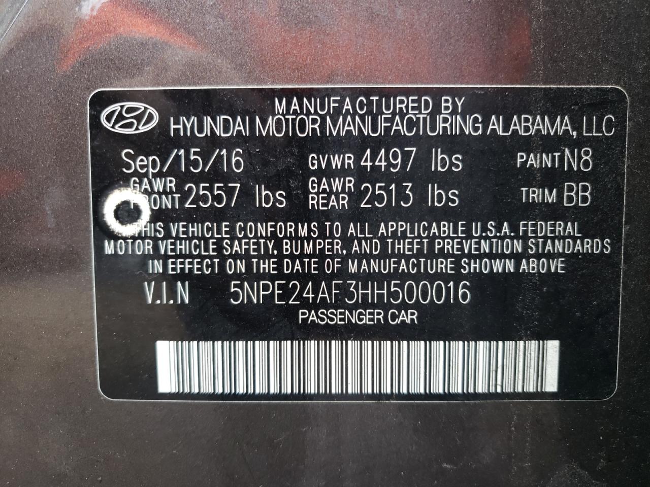 Photo 10 from auction – 2017 HYUNDAI SONATA SE with VIN 5NPE24AF3HH500016