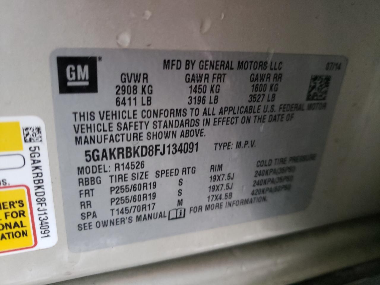 Photo 10 from auction – 2015 BUICK ENCLAVE with VIN 5GAKRBKD8FJ134091