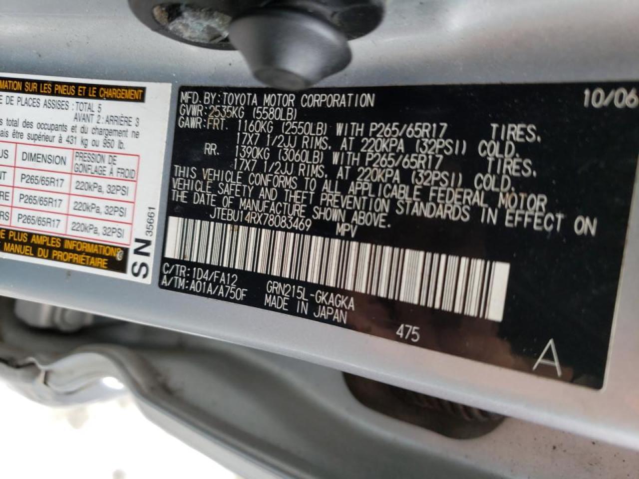 Photo 10 from auction – 2007 TOYOTA 4RUNNER SR with VIN JTEBU14RX78083469