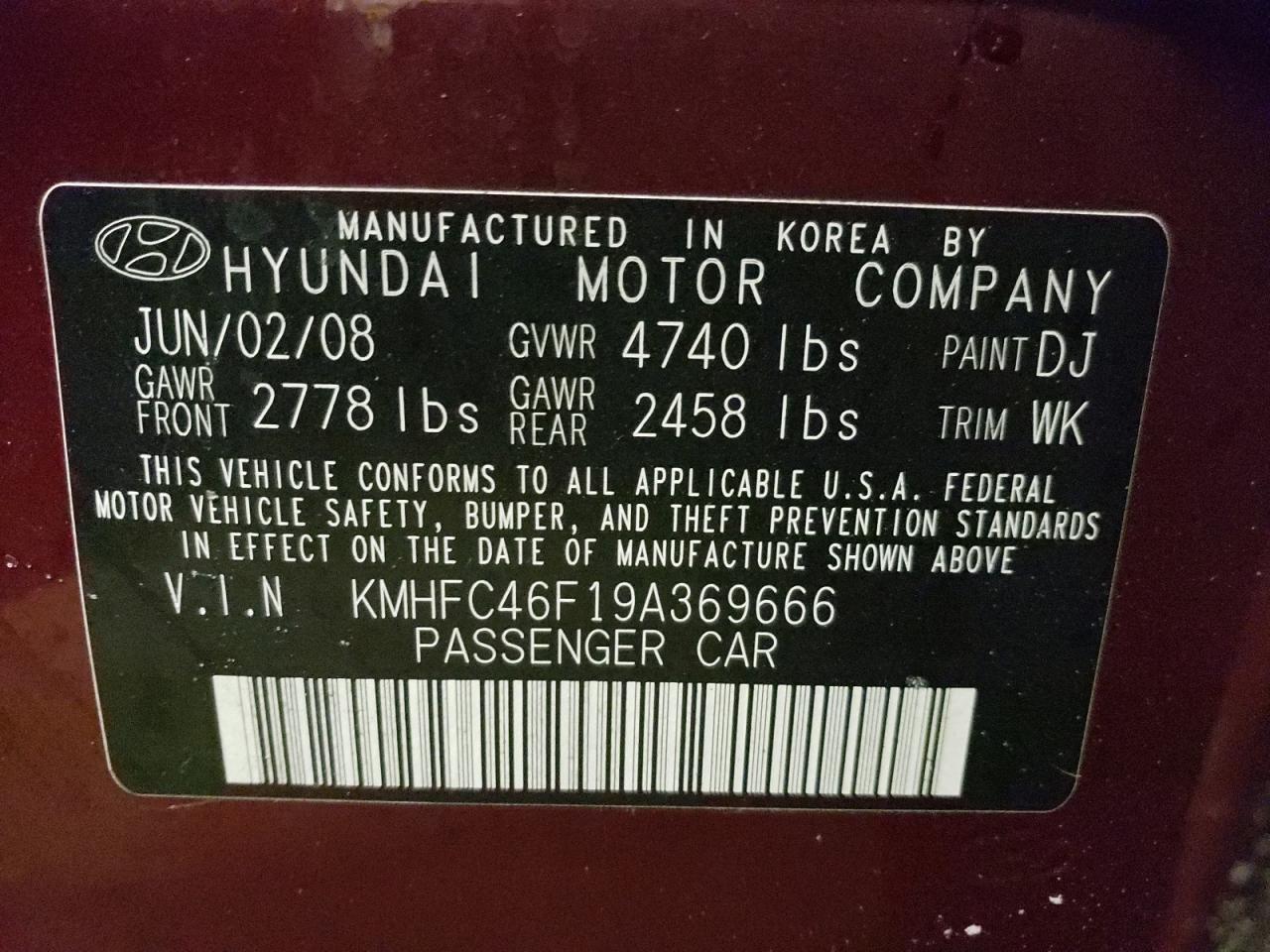 Photo 10 from auction – 2009 HYUNDAI AZERA SE with VIN KMHFC46F19A369666