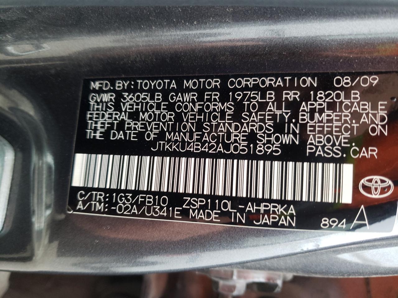 Photo 10 from auction – 2010 TOYOTA SCION XD with VIN JTKKU4B42AJ051895