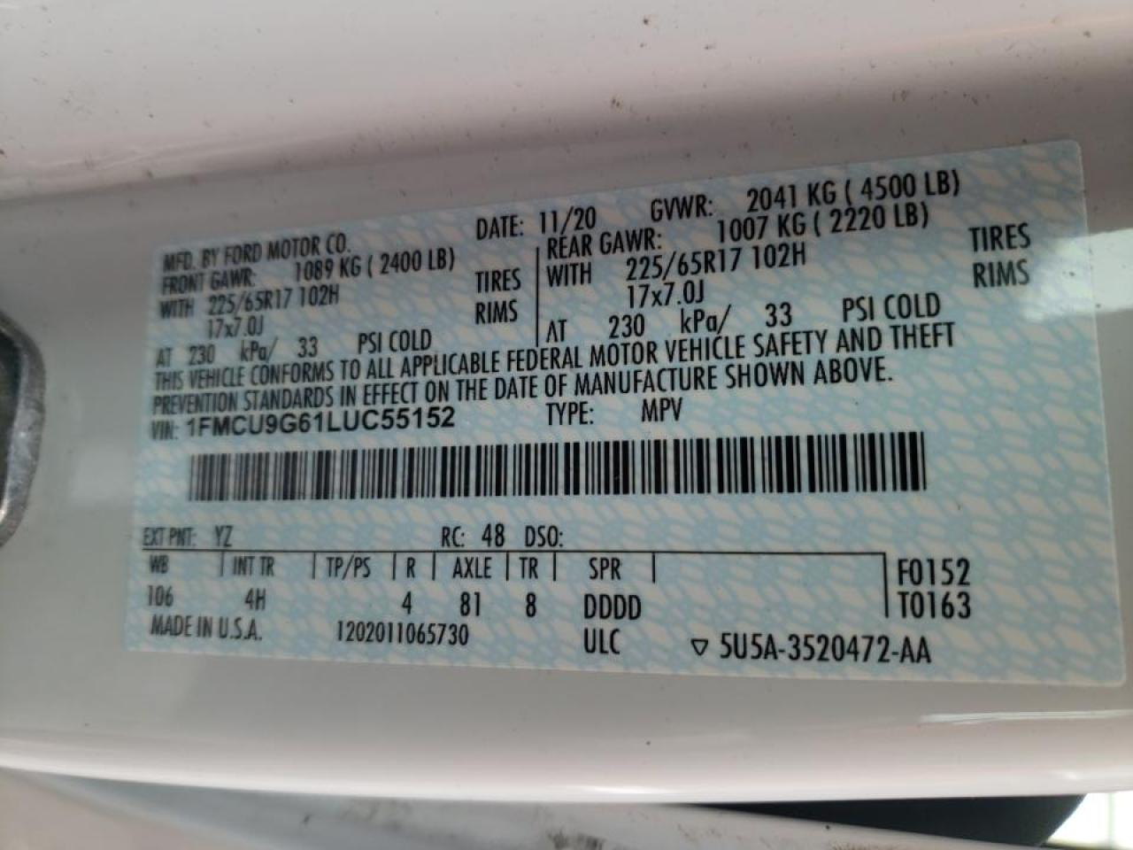Photo 10 from auction – 2020 FORD ESCAPE SE with VIN 1FMCU9G61LUC55152
